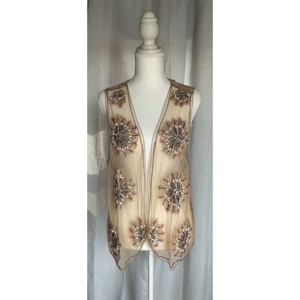Chicos Beaded Floral Mesh Lace Vest Tan Nude Open Front Sleeveless Size 3 XL